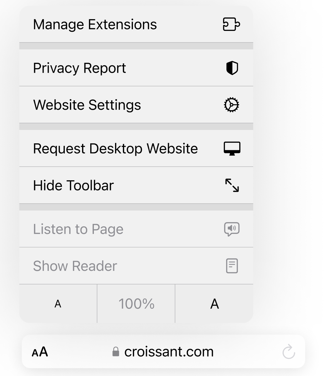 The Safari options menu after tapping the AA button.